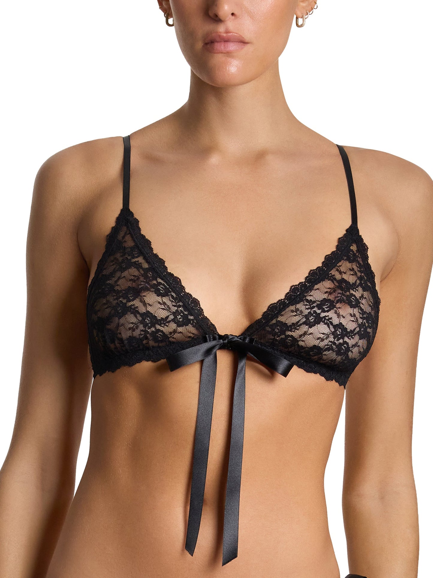 Peek-a-Boo Lace Front Tie Bralette Black